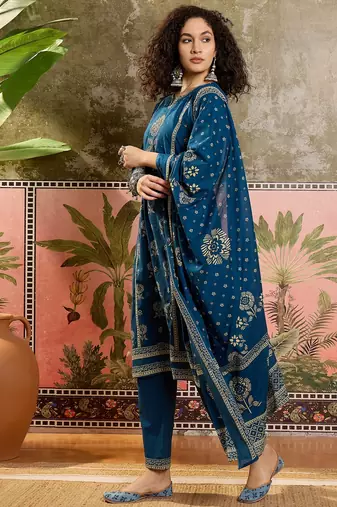 Teal blue printed kurta with trousers & dupatta set