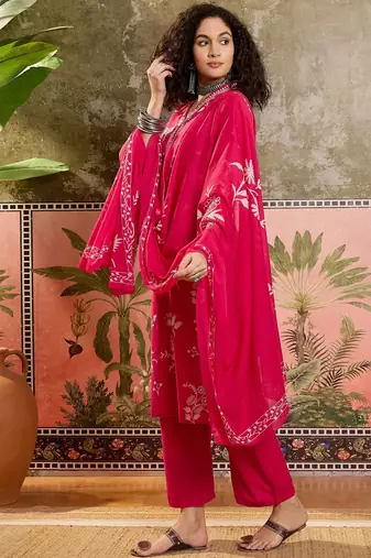 Pink printed kurta with trousers & dupatta set