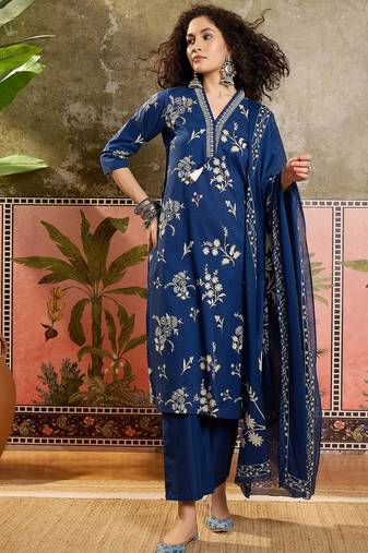 Teal blue printed kurta with trousers & dupatta set