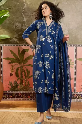 Teal blue printed kurta with trousers & dupatta set