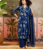 Teal blue printed kurta with trousers & dupatta set