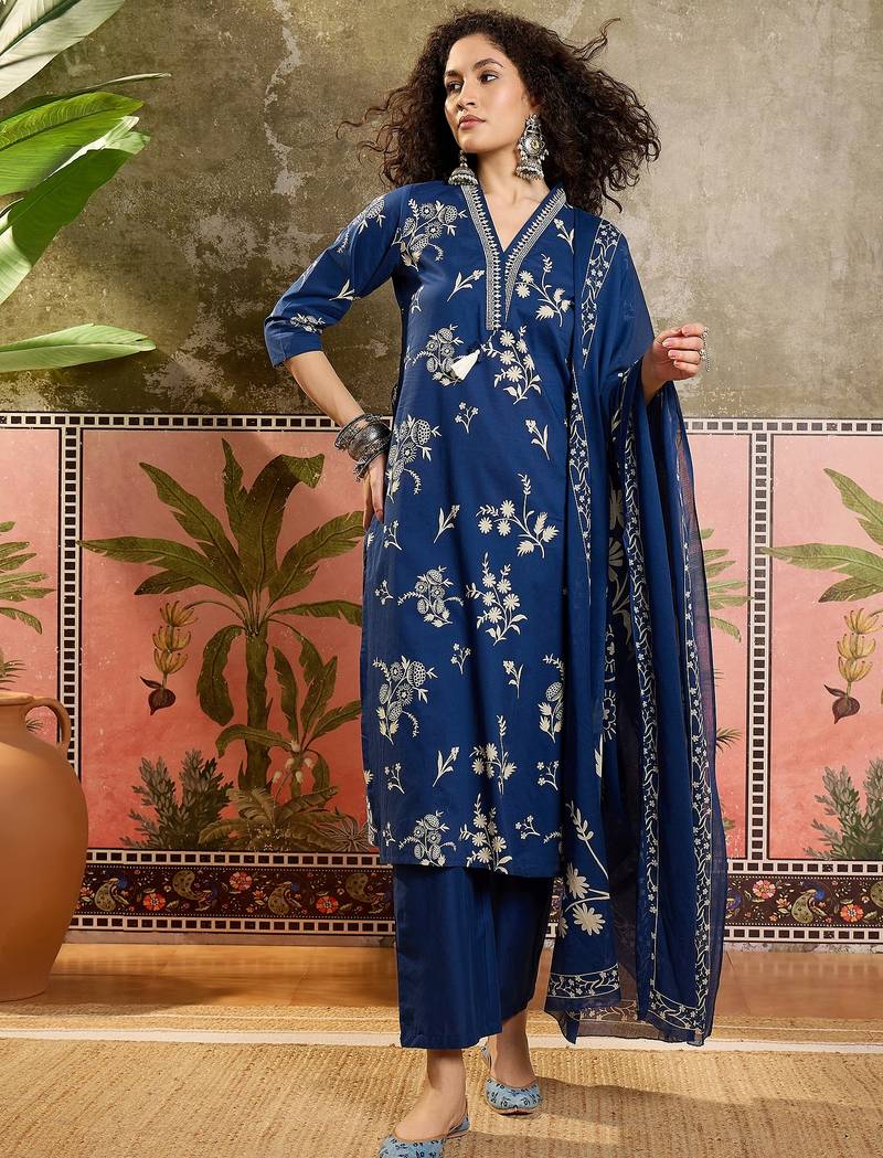 Teal blue printed kurta with trousers & dupatta set