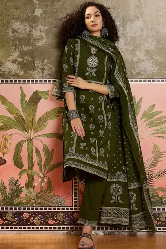Green printed kurta with trousers & dupatta set