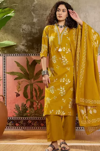 Mustard printed kurta with trousers & dupatta set