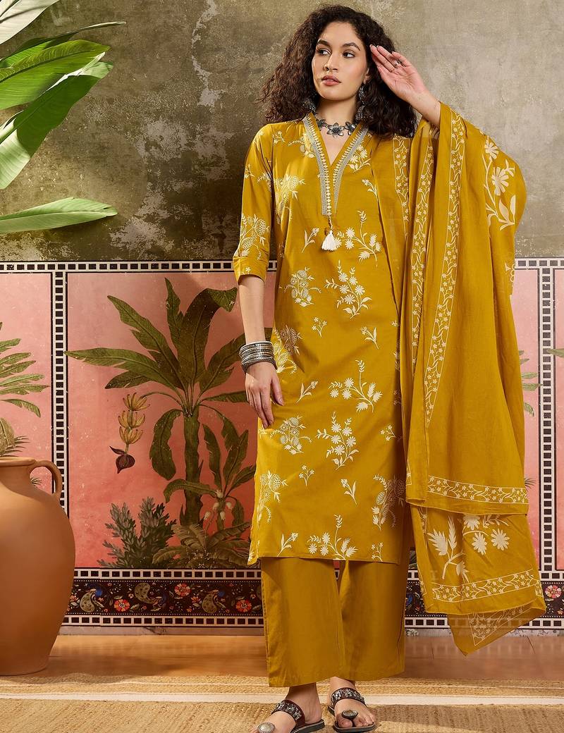 Mustard printed kurta with trousers & dupatta set