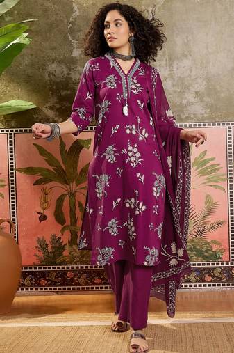 Wine printed kurta with trousers & dupatta set