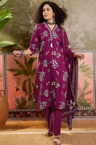Wine printed kurta with trousers & dupatta set