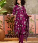 Wine printed kurta with trousers & dupatta set