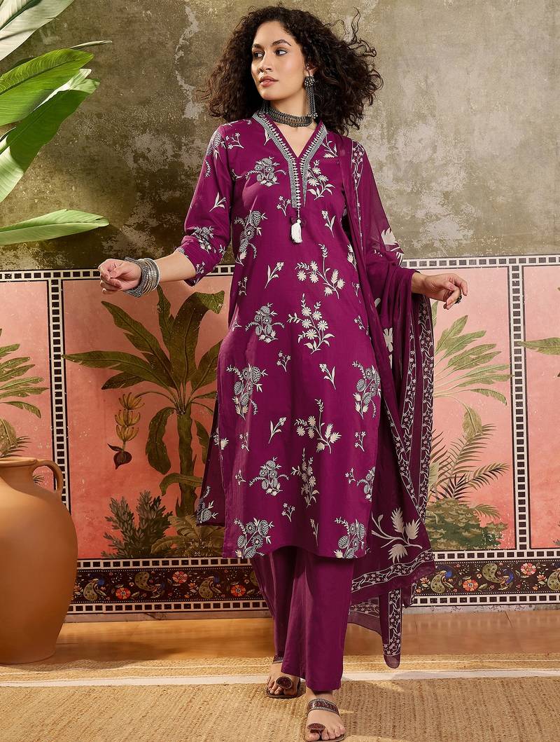 Wine printed kurta with trousers & dupatta set