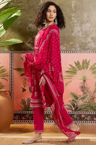 Pink printed kurta with trousers & dupatta set