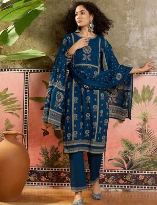 Teal blue printed kurta with trousers & dupatta set 4