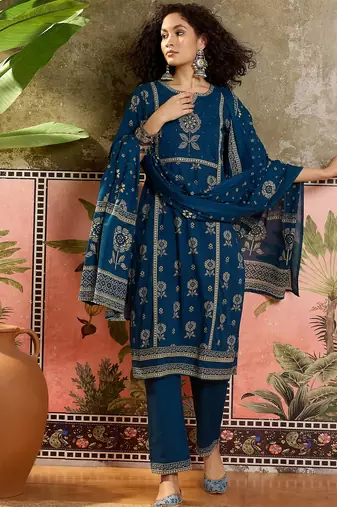 Teal blue printed kurta with trousers & dupatta set