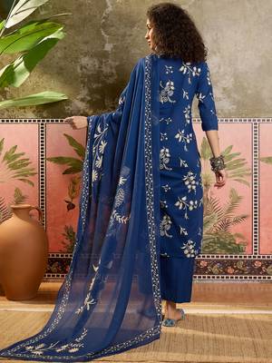 Teal blue printed kurta with trousers & dupatta set 2