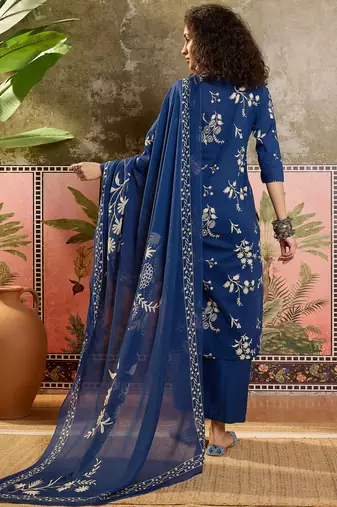 Teal blue printed kurta with trousers & dupatta set
