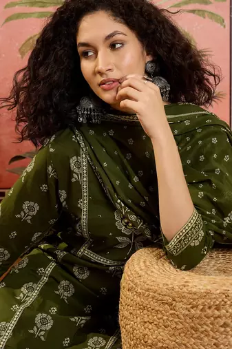 Green printed kurta with trousers & dupatta set