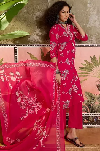 Pink printed kurta with trousers & dupatta set