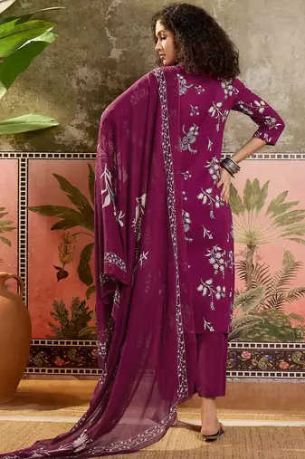 Wine printed kurta with trousers & dupatta set