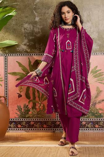 Wine printed kurta with trousers & dupatta set