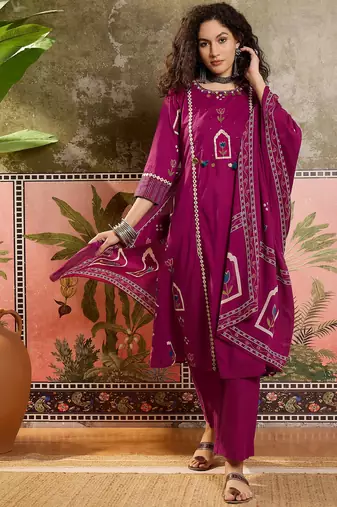 Wine printed kurta with trousers & dupatta set