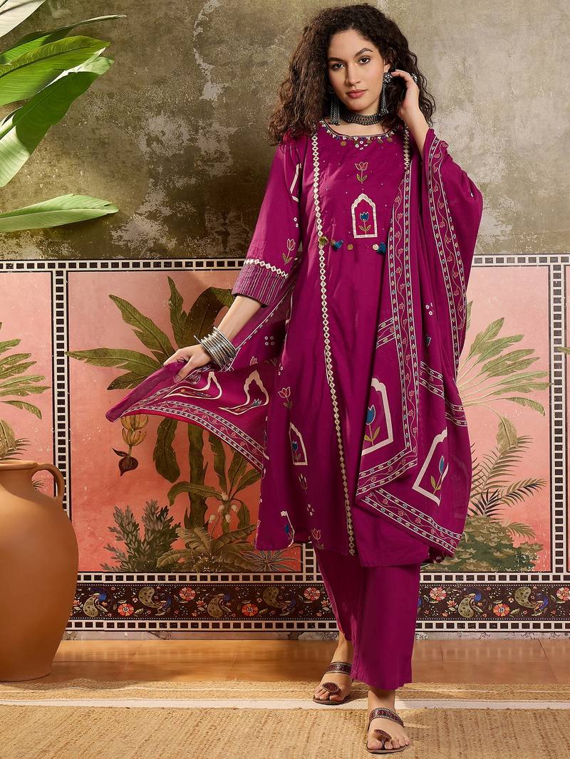 Wine printed kurta with trousers & dupatta set