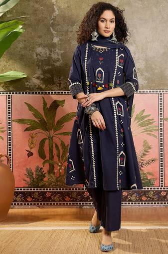 Blue printed kurta with trousers & dupatta set