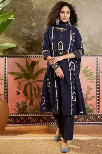 Blue printed kurta with trousers & dupatta set