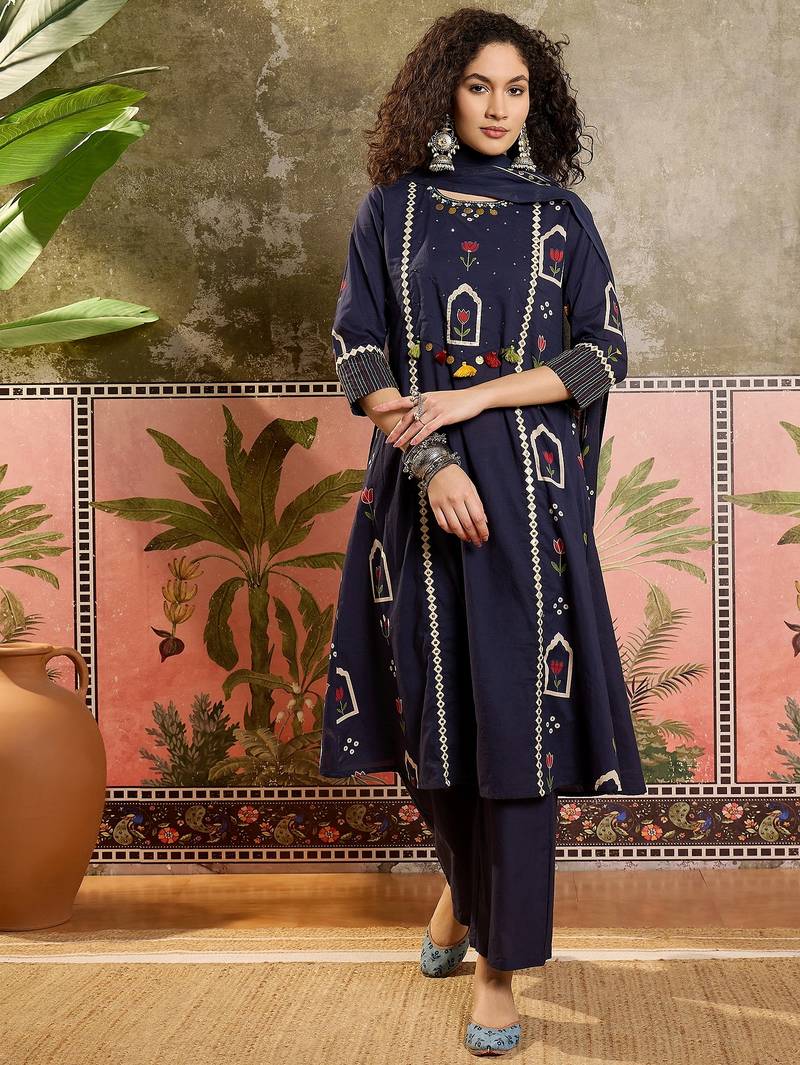 Blue printed kurta with trousers & dupatta set
