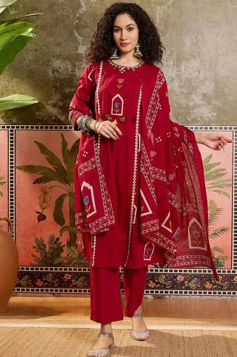Red printed kurta with trousers & dupatta set