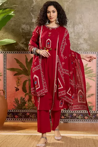 Red printed kurta with trousers & dupatta set