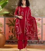 Red printed kurta with trousers & dupatta set