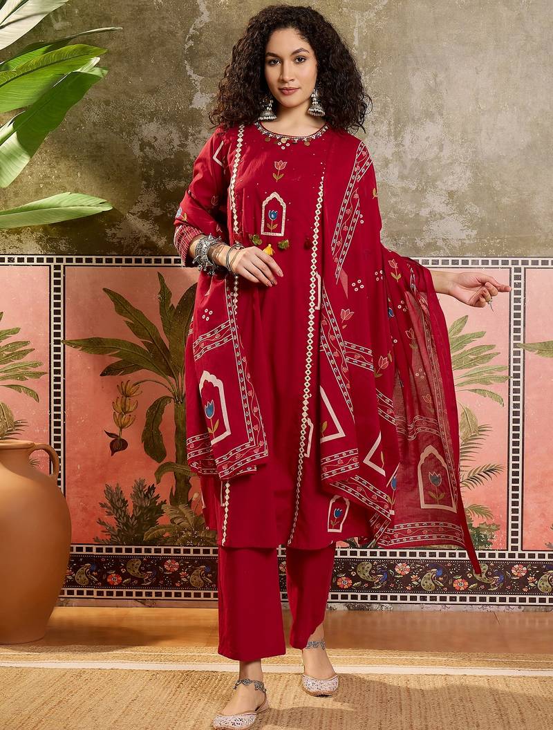 Red printed kurta with trousers & dupatta set