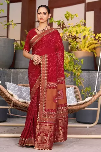 Red printed woven cotton silk bandhani saree with blouse