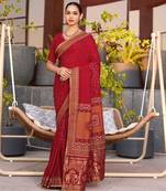 Red printed woven cotton silk bandhani saree with blouse