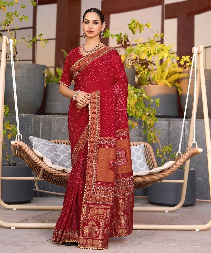 Red printed woven cotton silk bandhani saree with blouse