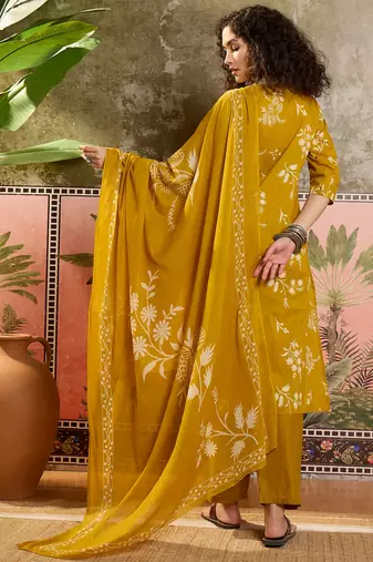 Mustard printed kurta with trousers & dupatta set