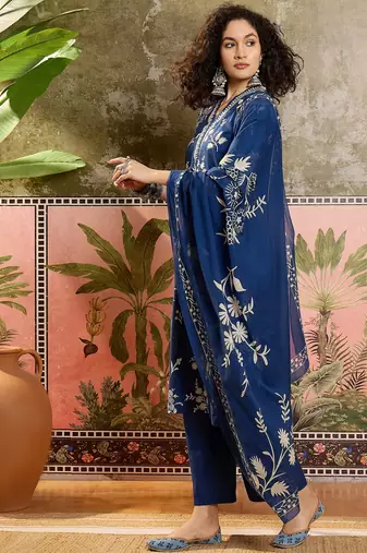 Teal blue printed kurta with trousers & dupatta set