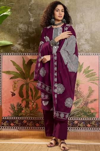 Wine printed kurta with trousers & dupatta set