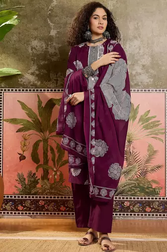 Wine printed kurta with trousers & dupatta set