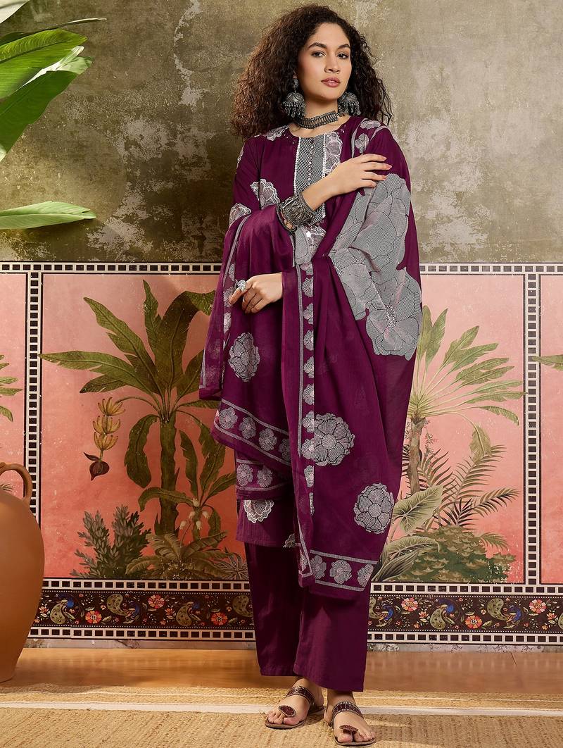 Wine printed kurta with trousers & dupatta set