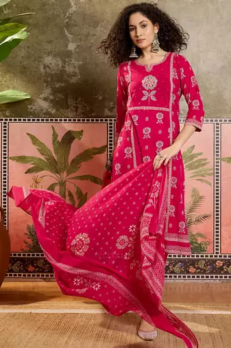 Pink printed kurta with trousers & dupatta set