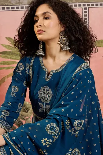 Teal blue printed kurta with trousers & dupatta set