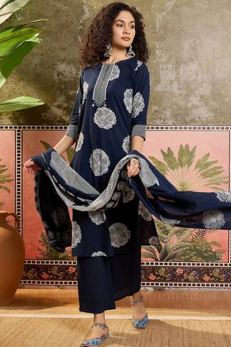 Blue printed kurta with trousers & dupatta set