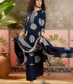 Blue printed kurta with trousers & dupatta set