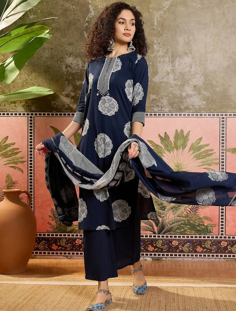 Blue printed kurta with trousers & dupatta set