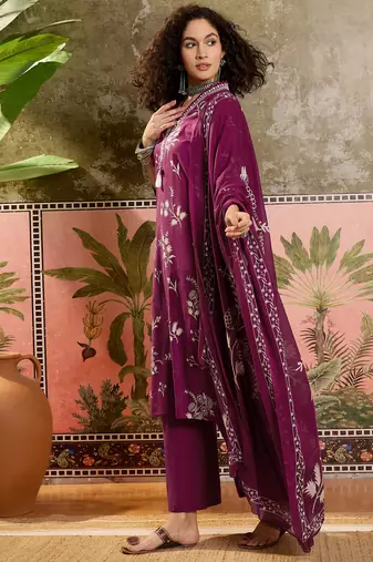 Wine printed kurta with trousers & dupatta set