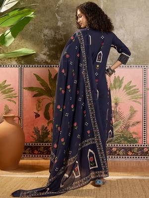 Blue printed kurta with trousers & dupatta set 2