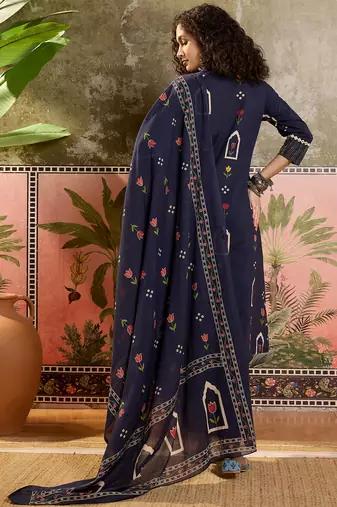 Blue printed kurta with trousers & dupatta set