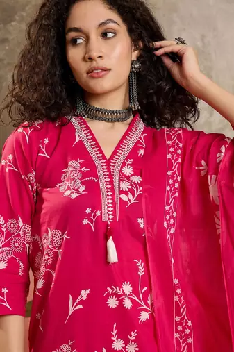 Pink printed kurta with trousers & dupatta set