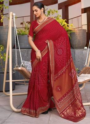 Red printed woven cotton silk bandhani saree with blouse 2