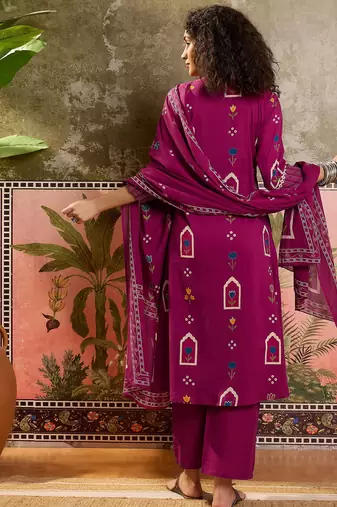 Wine printed kurta with trousers & dupatta set